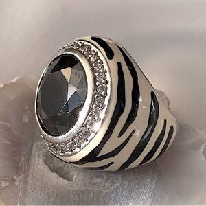 Smoky Quartz Zebra striped Enamel Silver Dome Cocktail Ring Thailand Size 6